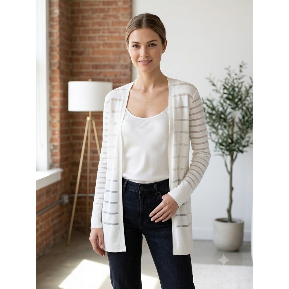 Lafayette 148 New York Cloud White Sheer Stripe Open Front Cardigan Size L NWT